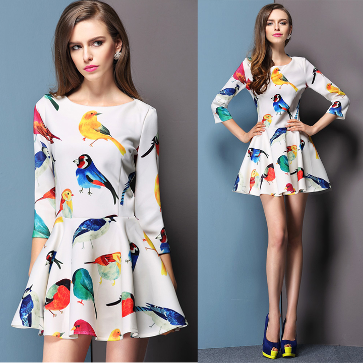 Women's Elegant Slim Sleeve Dress With Fresh Bird Floral Print